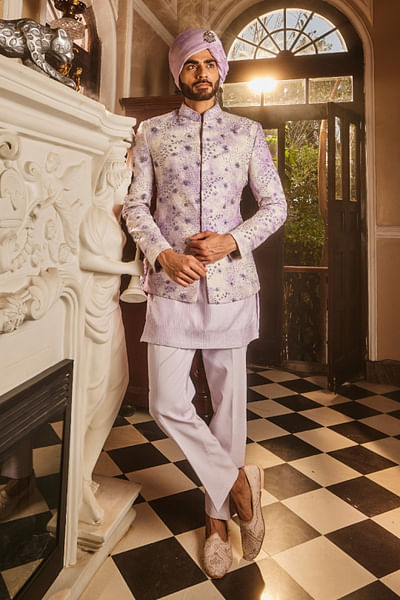 Lilac tie-dye and embroidered bandhgala set