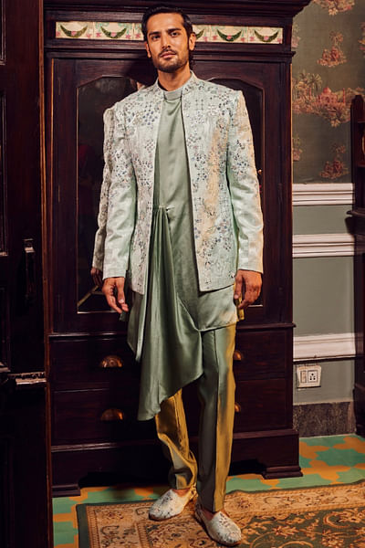 Sage green embroidered bandhgala set