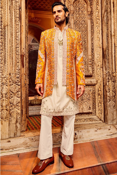 Orange floral embroidered jacket kurta set