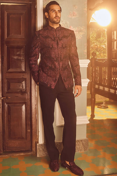 Wine resham sequin embroidered bandhgala set