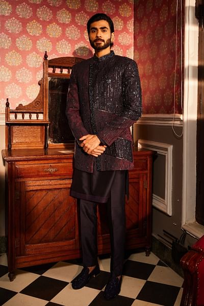 Twilight embroidered asymmetric bandhgala set