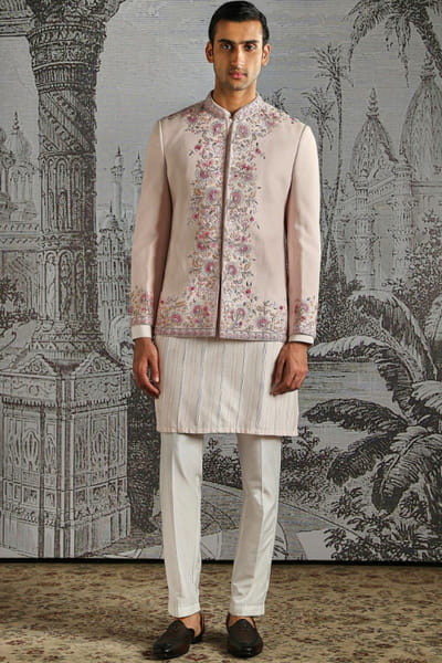 Asuka Couture Pink-ivory floral embroidered bandhgala set ASUKMAY26D245050