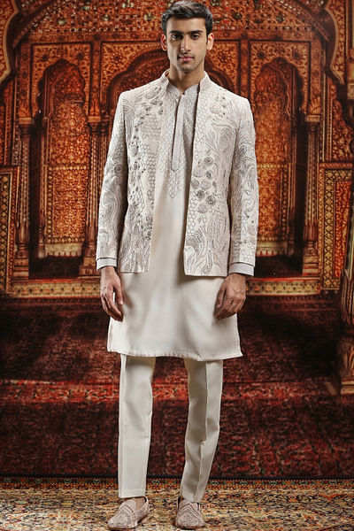 Ivory dori and bead embroidered bandhgala set