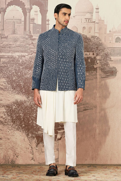 Indigo kantha embroidered bandhgala set
