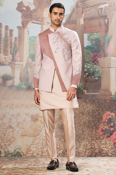 Lilac embroidered asymmetric bandhgala set