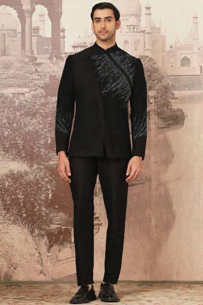 Black embroidered asymmetric bandhgala set