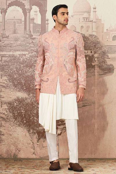 Peach resham embroidered bandhgala set