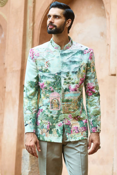 Asuka Couture Sage green embroidered printed bandhgala set ASUFEB26D138250