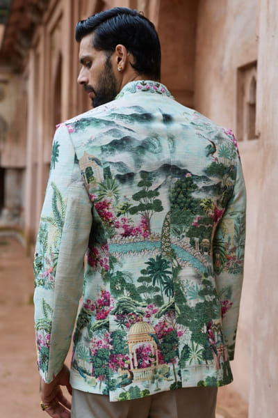Asuka Couture Sage green embroidered printed bandhgala set ASUFEB26D138250