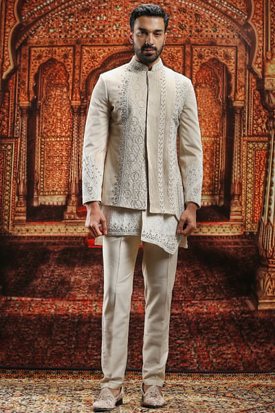 Beige pintuck and bead bandhgala set