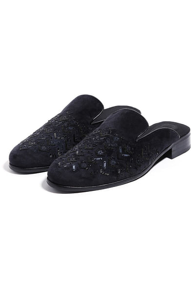 Black cutdana and bead embroidered mules