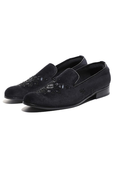 Black sequin and bead embroidered slip-ons