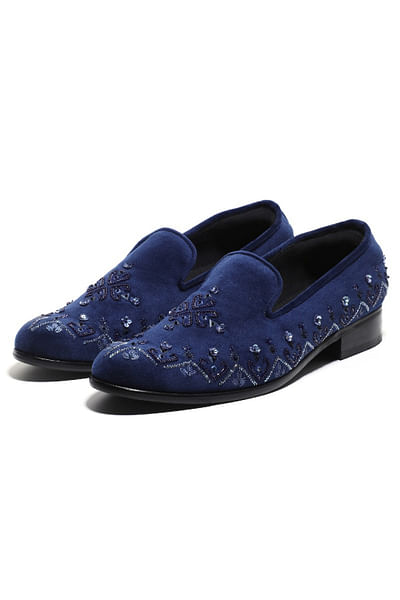 Navy blue sequin bead embroidered slip-ons