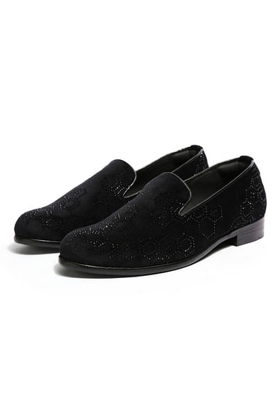 Black honeycomb crystal embellished slip-ons