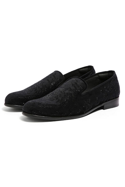 Black crystal embroidered slip-ons