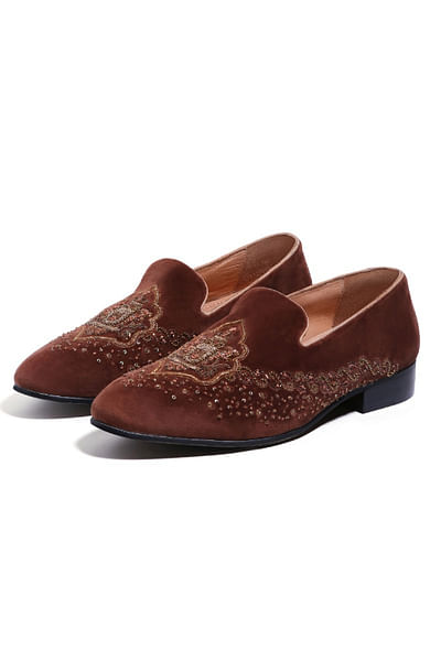 Brown zardozi and sequin embroidered slip-ons