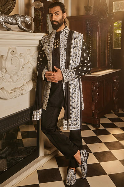 Black zari dori embroidered jacket kurta set