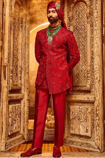 Red sequin embroidered asymmetric sherwani set