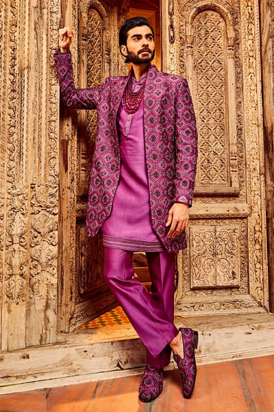 Purple resham embroidered jacket kurta set