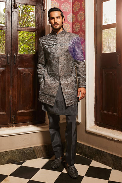 Charcoal grey zari embroidered bandhgala set