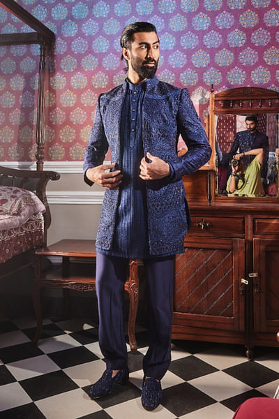 Navy sequin resham embroidery jacket kurta set