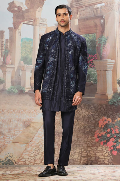 Navy resham embroidered jacket kurta set