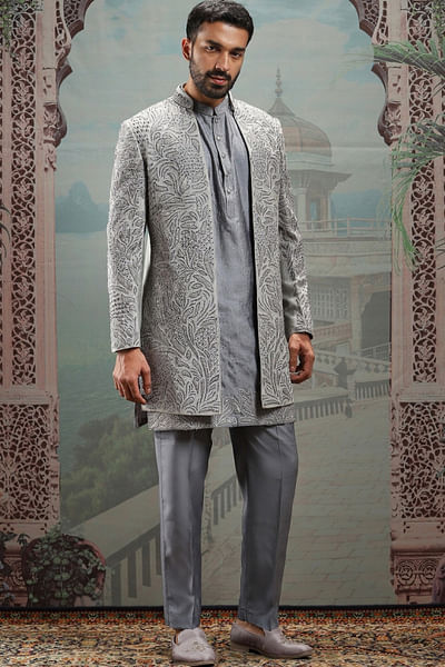 Grey dabka and sequin embroidered jacket set