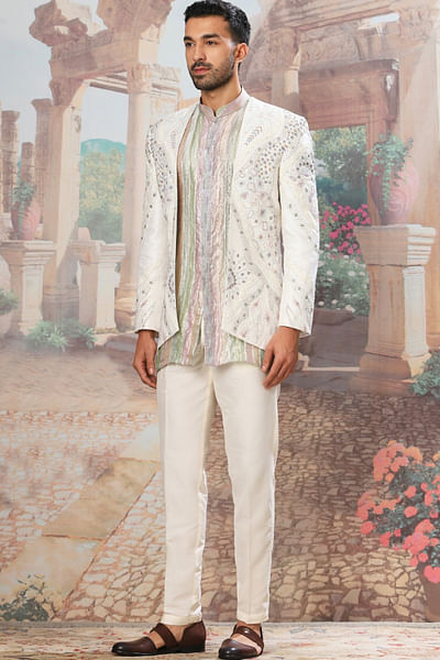 Ivory cutdana embroidered open jacket set