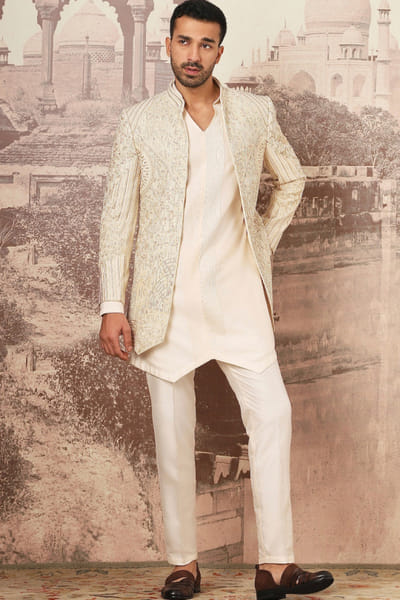 Ivory zardozi embroidered open jacket set