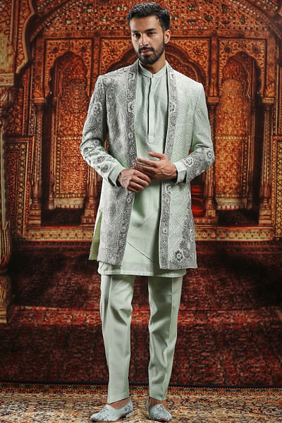 Mint green floral patch zardozi sherwani set