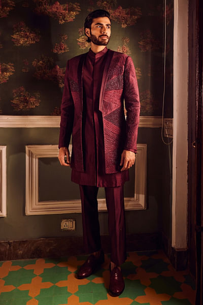 Maroon pintuck sequin jacket kurta set
