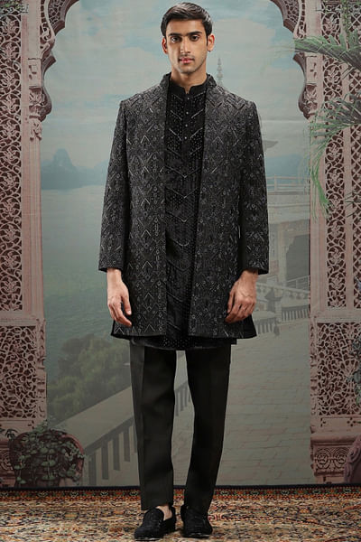 Black zari and cutdana embroidered jacket set