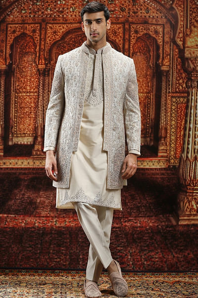 Ivory patchwork and zari dori sherwani set
