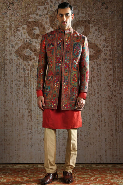 Rust pashmina embroidered indowestern set