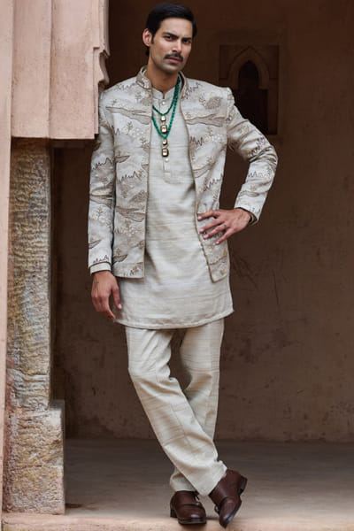 Asuka Couture Beige textured bandhgala set ASUFEB26D138271