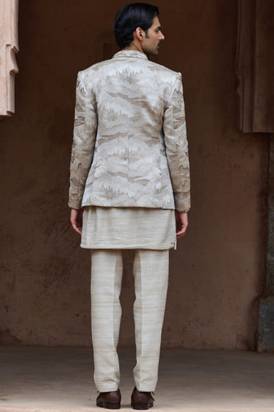 Asuka Couture Beige textured bandhgala set ASUFEB26D138271