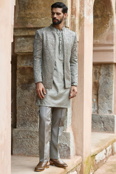 Mouse gren sequin embroidered bandhgala set