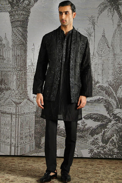 Black textured jacquard kurta bundi set