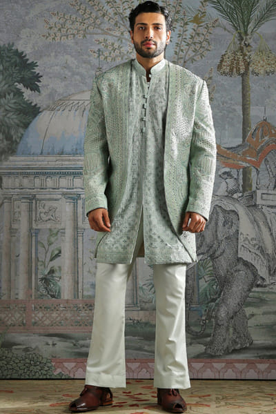 Ice blue embroidered sherwani set