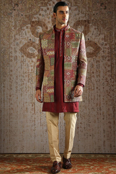Maroon patchwork embroidered indowestern set