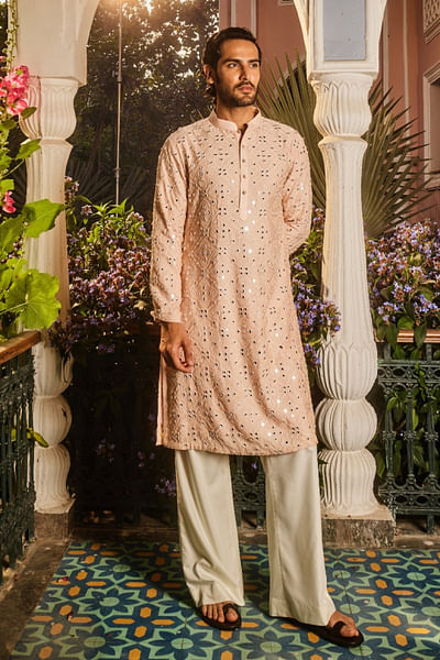 Ivory resham and mirror embroidered kurta set
