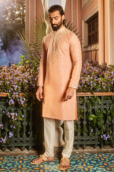 Peach dori and mirror embroidered kurta set