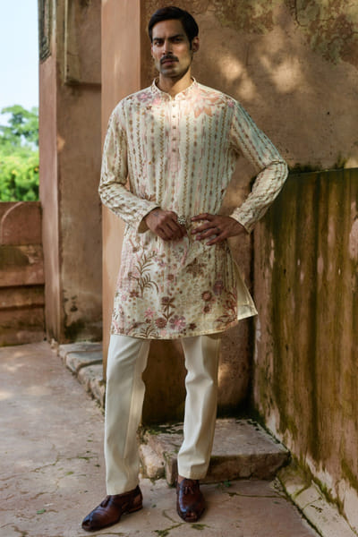 Crème yellow cutdana embroidered kurta set