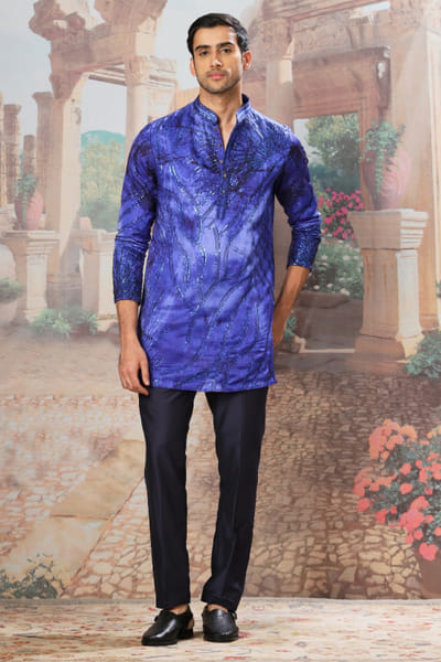 Indigo sequin embroidered printed kurta set