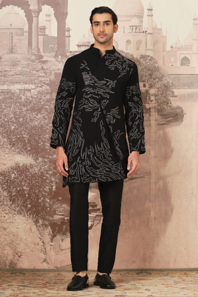 Black zari embroidered asymmetric kurta set