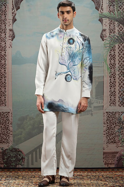 White hand-painted and embroidery kurta set