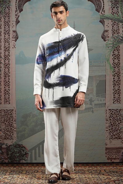 White hand-painted and embroidered kurta set