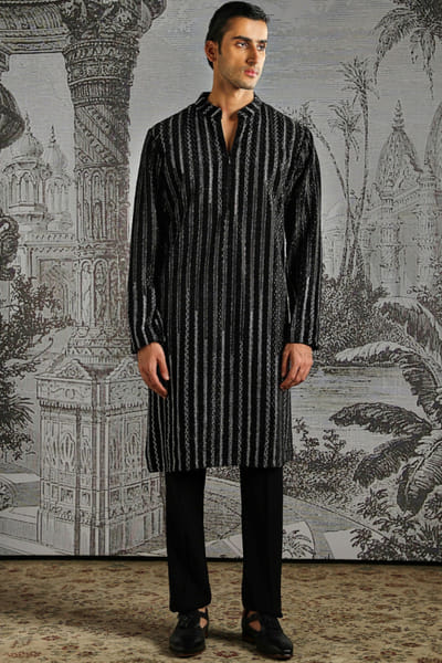 Asuka Couture Black handloom stripe velvet jacquard kurta set ASUKMAY26D245038