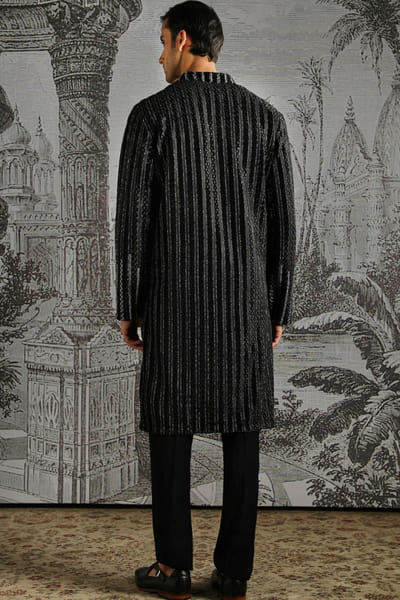 Asuka Couture Black handloom stripe velvet jacquard kurta set ASUKMAY26D245038