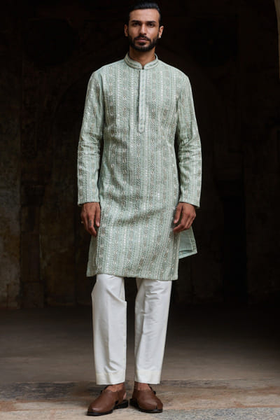 Mint sage green embroidered jacquard kurta set